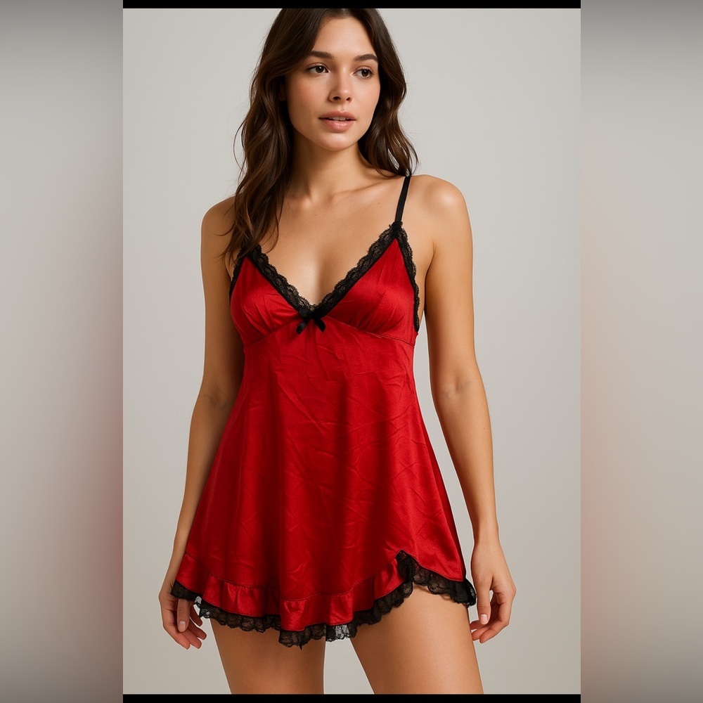 Vintage Aris Red and Black Lace Chemise lingerie nighty baby doll made in USA